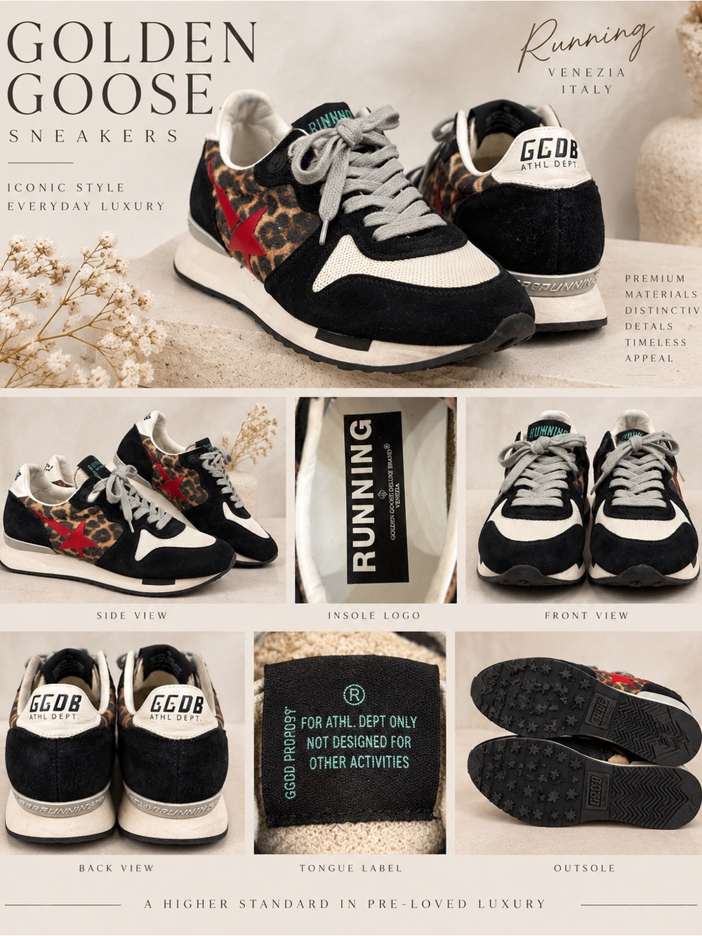 Golden Goose Running Leopard-Print Black, White & Red Star Authentic Sneakers
